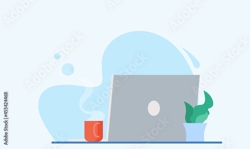 Working process with notebokk and people. Flat vector illustration.