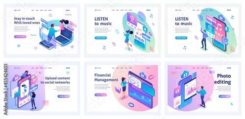 Collection of landing pages. Men and women communicate online, create social networks, listen to music, process photos. Mobile apps. Isometric characters