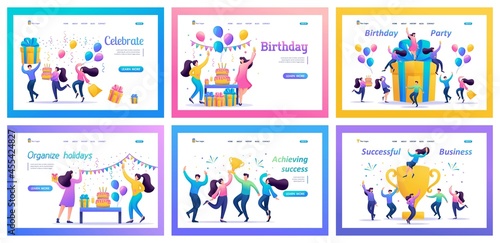 Collection of illustrations for the Birthday celebration. Dancing people celebrating birthdays, men and women at parties, having fun. Christmas trees, toys, gifts. landing page © elizaliv