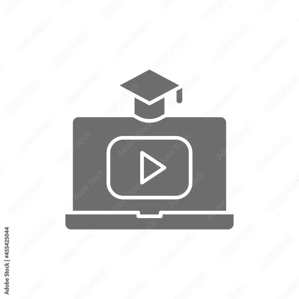 Laptop with play button, educational video, online learning grey icon. Laptop with play button, educational video, online learning grey icon.