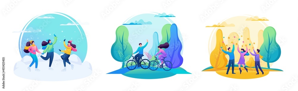Fototapeta premium Friends have fun in nature at different times of the year, in summer, winter, autumn, spring. 2D Characters