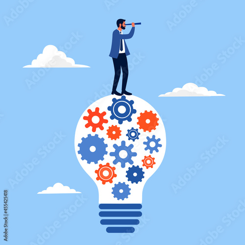 Businessman standing on lightbulb looking into monocular in flat design. Future vision concept. Career future or business opportunity. 