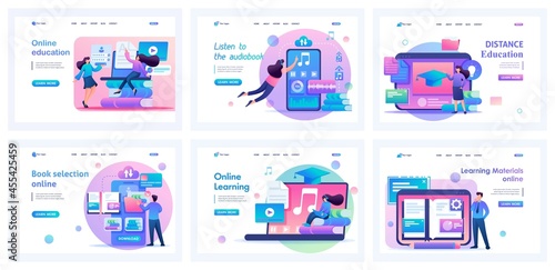 Collection of online training landing pages. People study remotely, courses, university, books. Cartoon flat characters
