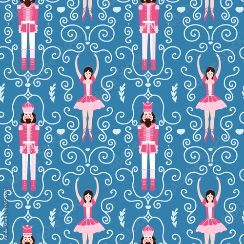 Christmas seamlesss pattern with nutcracker character and ballerina on dark blue background with swirls for wraping paper or fabric, printable wallpaper design in cartoon style