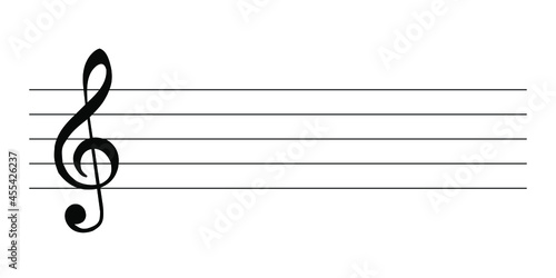 Musical notation with lines and treble clef on a white background. Template for teaching and recording melodies, compositions. Vector.