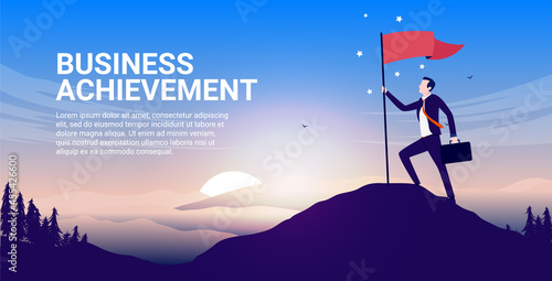 Business achievement - Businessman holding flag on mountaintop with epic landscape and sunrise in background. New day with success concept. Vector illustration