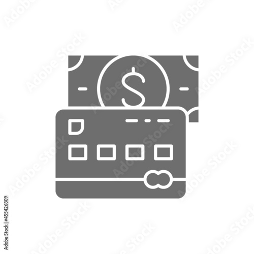 Credit bank card with money grey icon.