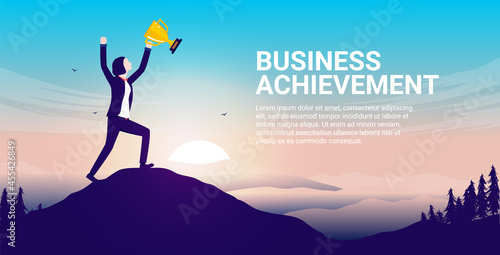 Woman business achievement - Female person standing on mountaintop with trophy in hand, cheering and celebrating success. Being successful concept. Vector illustration