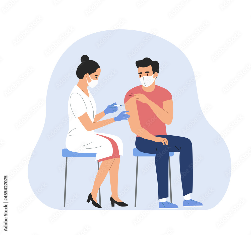 Woman in face mask getting vaccinated against Covid-19. Vector illustration