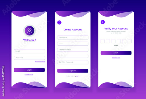 Login and signup mobile app UI kit template with wavy purple gradient effects photo