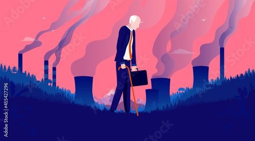 Old man in polluted landscape - Retired businessman walking with pollution, smoke and factories in background feeling sad. Future generation and climate change concept. Vector illustration