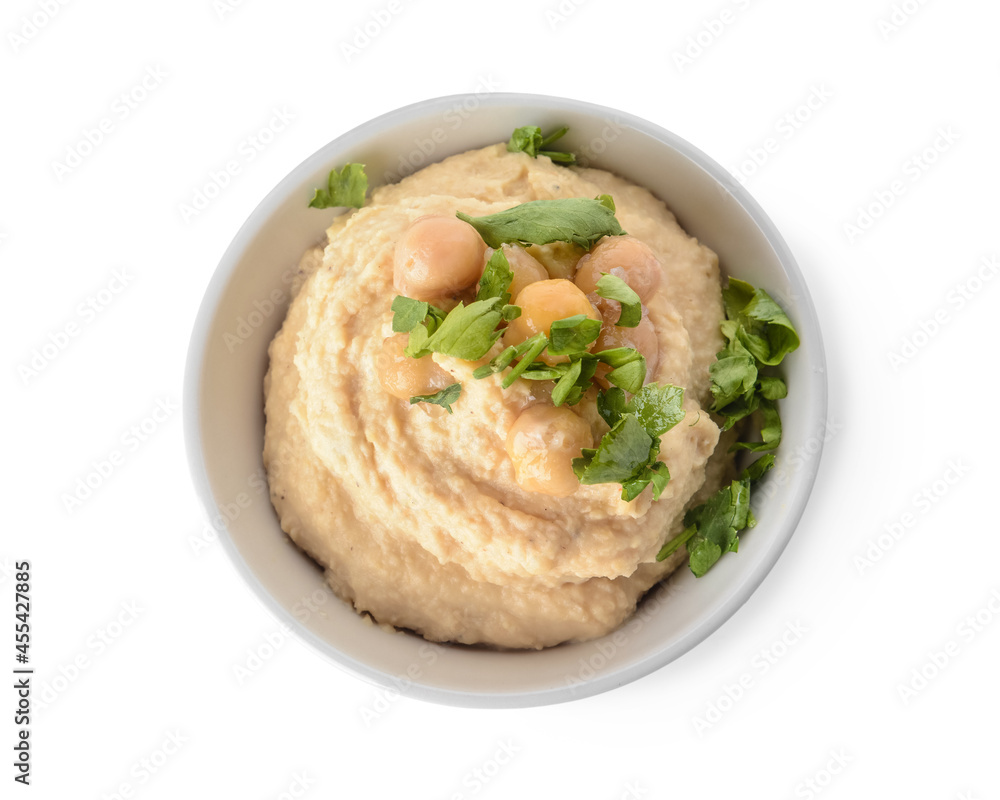 Bowl with tasty hummus on white background Bowl with tasty hummus on white background