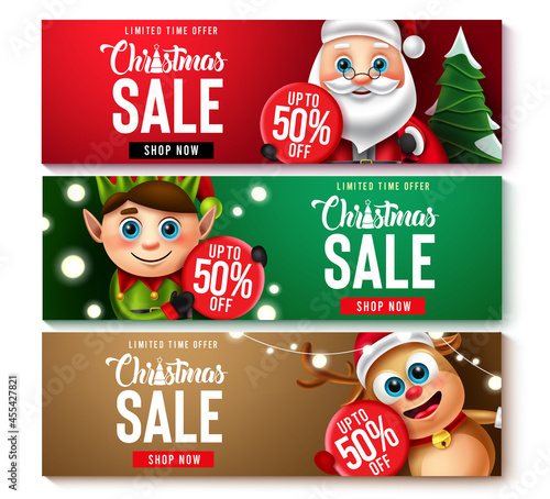Christmas sale vector banner set. Merry christmas with limited time offer up to 50% off promo discount with santa claus, elf and reindeer character for xmas holiday clearance sale. Vector illustration