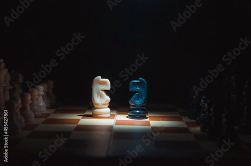 This is a picture of chess Game representing the war between two warrier  photo