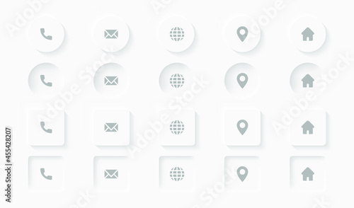 Vector modern neomorphic icon set. White minimal buttons in neomorphism soft 3D style.