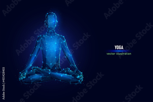 Human sits in yoga pose, lotus pose digital wireframe made of connected dots.