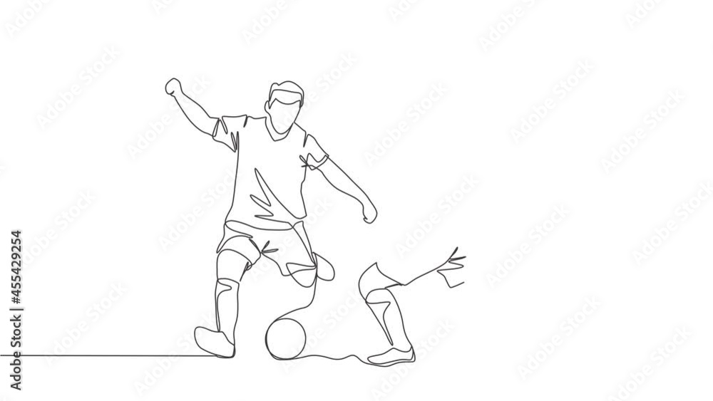 Animated self drawing of one continuous line draw young energetic football striker dribbling ball pass the opponent defender. Soccer match sports concept. Full length single line animation. Animated self drawing of one continuous line draw young energetic football striker dribbling ball pass the opponent defender. Soccer match sports concept. Full length single line animation.
