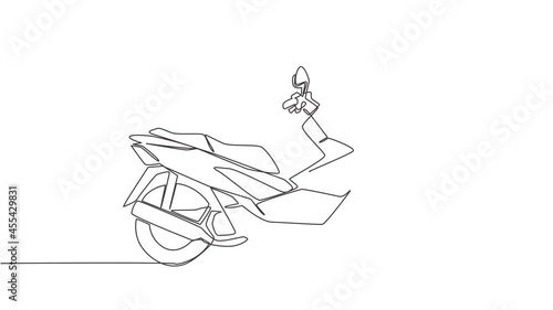 Animated self drawing of one continuous line draw modern luxury Asian underbone motorbike logo. Big automatic motorcycle concept. Full length single line animation illustration. photo