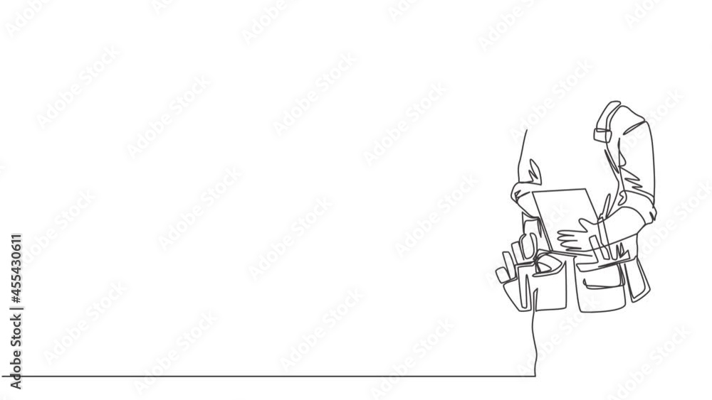 Animated self drawing of one continuous line draw workman wear building construction uniform with helmet and tools belt. Handyman house renovation service concept. Full length single line animation. Animated self drawing of one continuous line draw workman wear building construction uniform with helmet and tools belt. Handyman house renovation service concept. Full length single line animation.