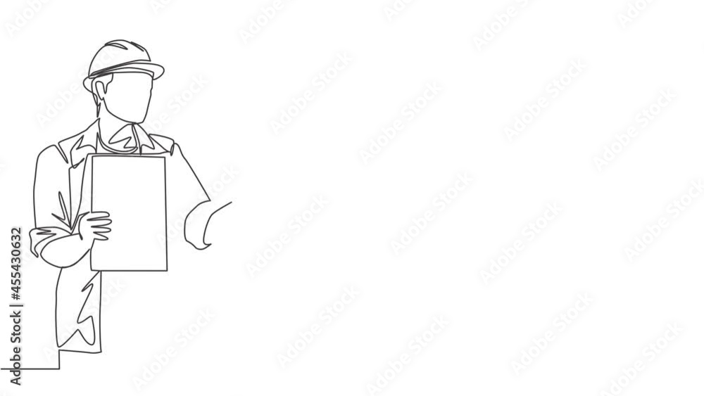 Animation of one line drawing of construction foreman giving instruction to team builder member. Handyman house renovation service concept. Continuous line self draw animated. Full length motion. Animation of one line drawing of construction foreman giving instruction to team builder member. Handyman house renovation service concept. Continuous line self draw animated. Full length motion.