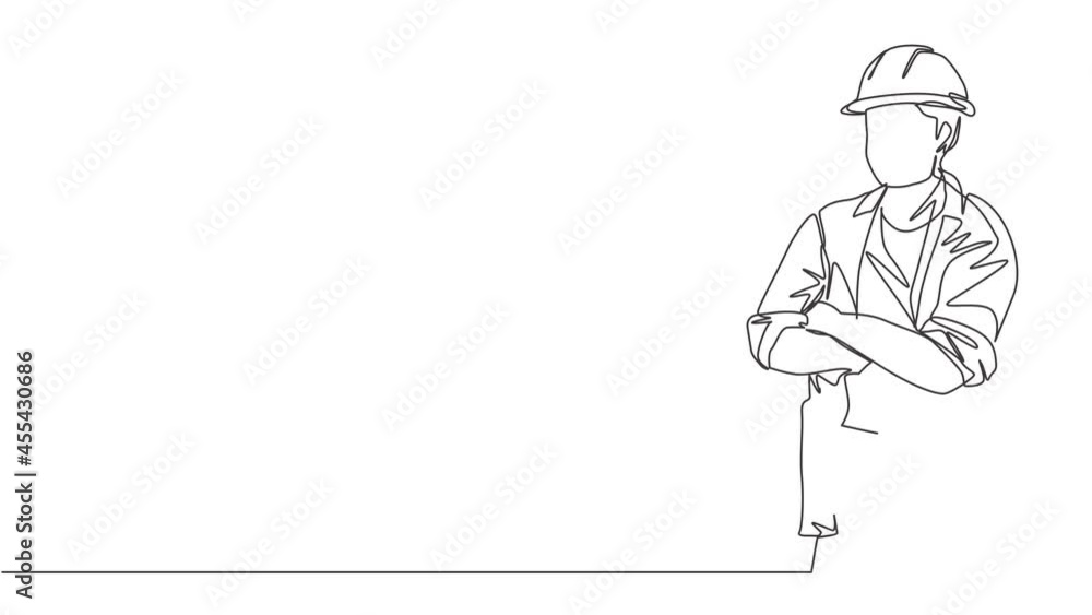 Animated self drawing of continuous line draw construction builder wearing uniform, tools belt,helmet while crossing his hands. Craftsman home repair service concept. Full length single line animation Animated self drawing of continuous line draw construction builder wearing uniform, tools belt,helmet while crossing his hands. Craftsman home repair service concept. Full length single line animation