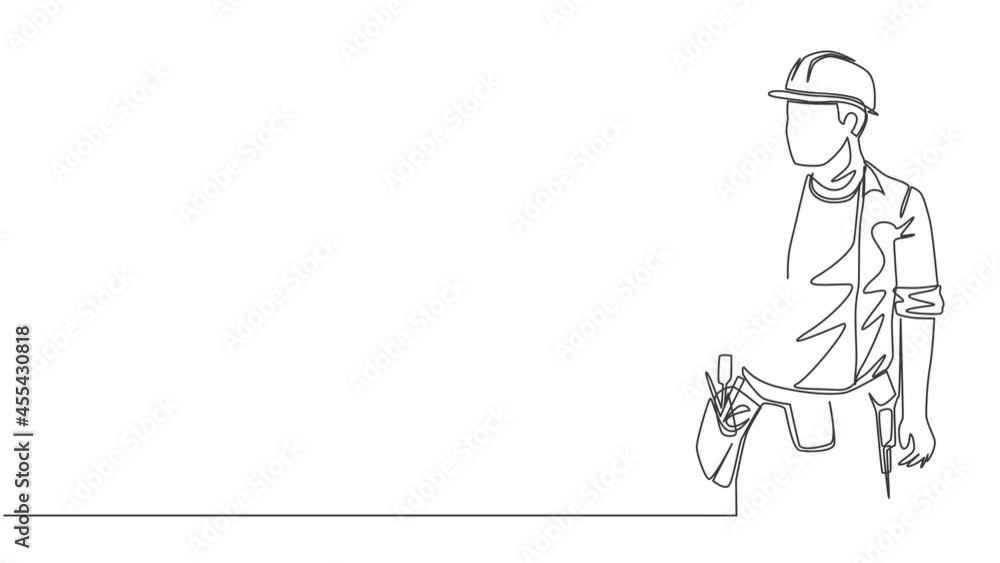 Animation of one line drawing of young handyman wearing uniform while holding drill machine. Repairman construction maintenance service concept. Continuous line self draw animated. Full length motion. Animation of one line drawing of young handyman wearing uniform while holding drill machine. Repairman construction maintenance service concept. Continuous line self draw animated. Full length motion.