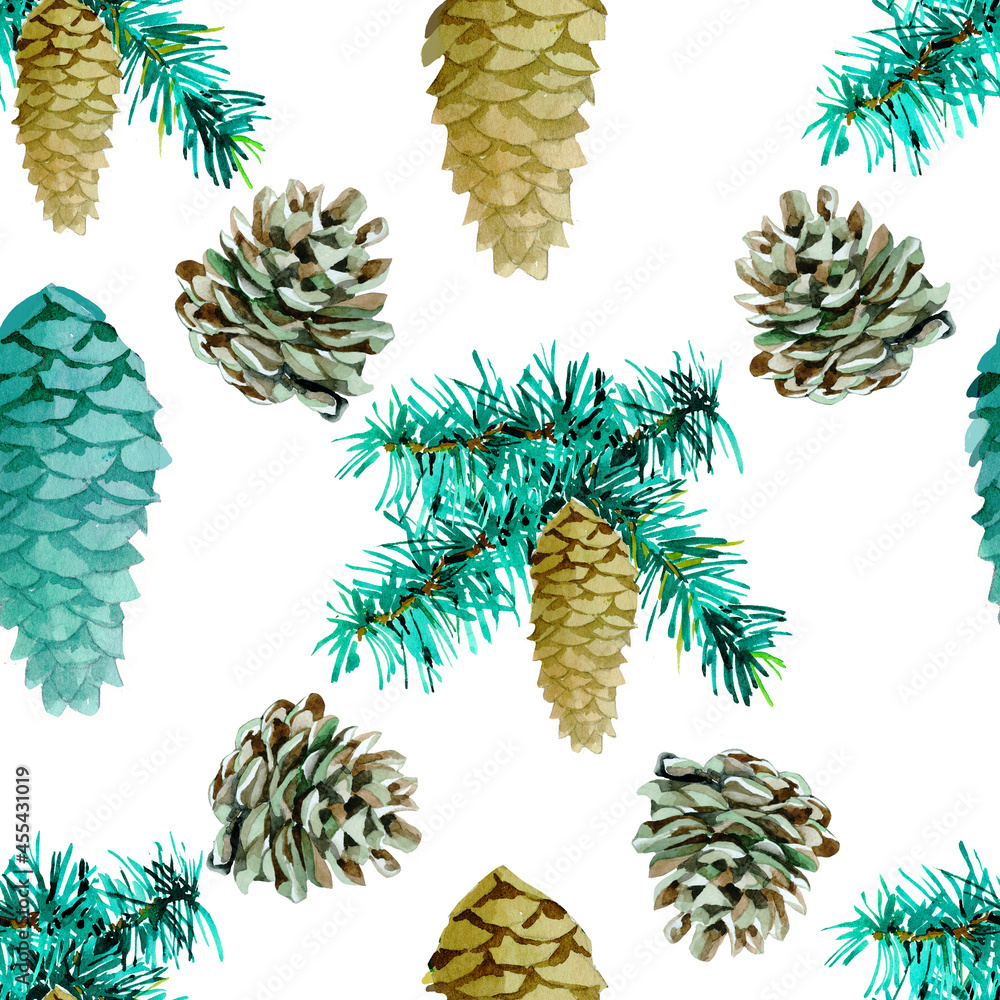 Naklejka premium Spruce branches with cone and pine cones watercolor isolated on white background seamless pattern for all prints.