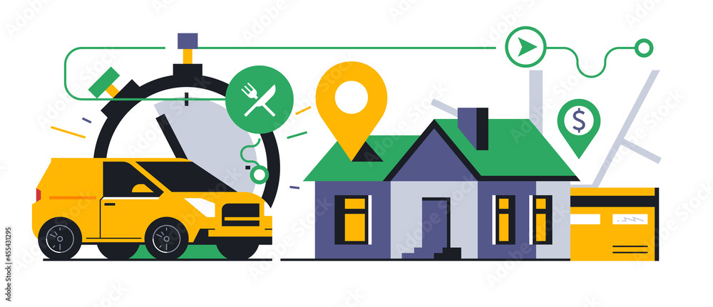 Online food delivery service to your home. Fast food delivery by courier car. Bank card, payment, map, address, gps, route, stopwatch. Vector illustration. Online food delivery service to your home. Fast food delivery by courier car. Bank card, payment, map, address, gps, route, stopwatch. Vector illustration.