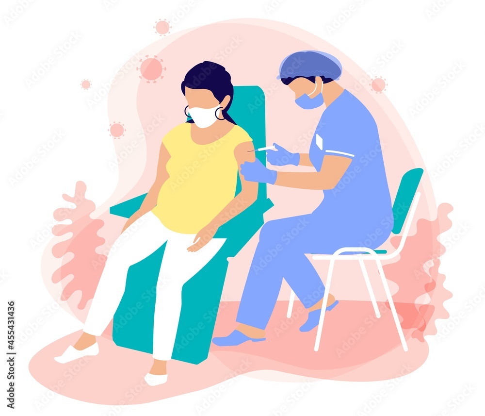 Fototapeta premium A masked nurse in a medical suit, gloves, mask gives an injection of a vaccination for immunization coronavirus to a pregnant woman. Protection the spread of covid 19. The use of vaccines for pregnant