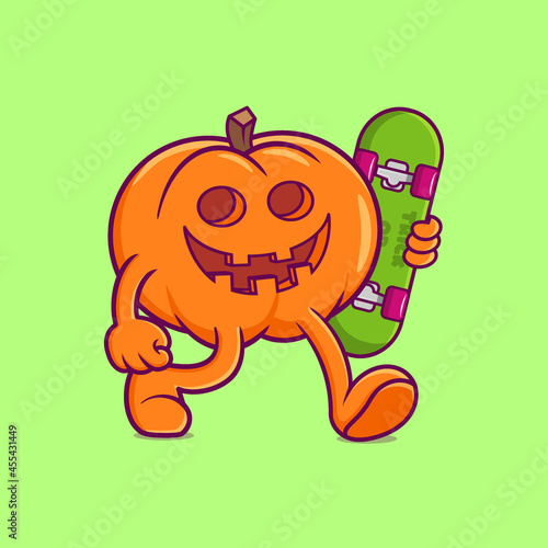 Cute Pumpkin Halloween holding Skateboard. flat cartoon style Premium Vector