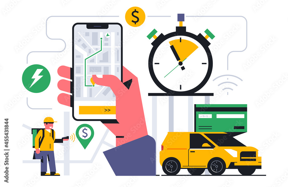 Online food delivery service to your home. The courier received an order for the delivery of food. Tracking your order through a mobile application. Bank card, car, stopwatch, map.Vector illustration Online food delivery service to your home. The courier received an order for the delivery of food. Tracking your order through a mobile application. Bank card, car, stopwatch, map.Vector illustration