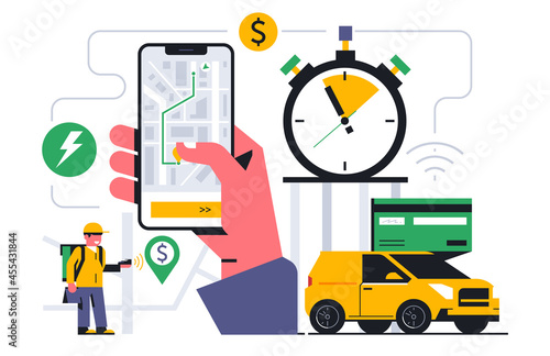 Online food delivery service to your home. The courier received an order for the delivery of food. Tracking your order through a mobile application. Bank card, car, stopwatch, map.Vector illustration