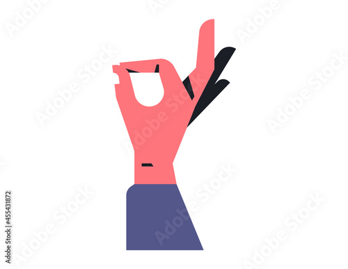 Male hand showing symbol ok. Sign of consent, excellent quality, right choice. Vector illustration isolated on white background