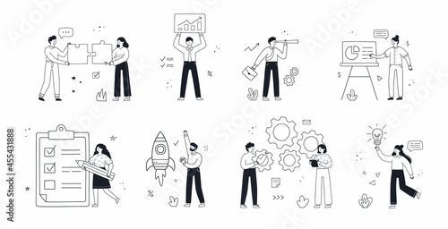 Business concept illustrations set. Collection of scenes with people taking part in business activities. Vector linear doodle style.