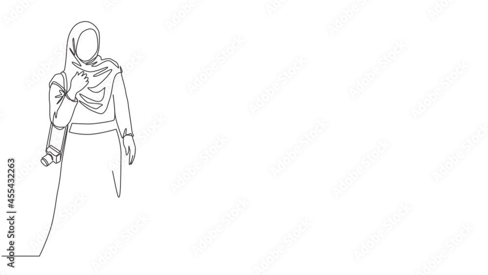 Animated self drawing of continuous line draw young happy beautiful muslimah on Islamic cloth hold camera. Beauty middle east women model in hijab fashion concept. Full length single line animation. Animated self drawing of continuous line draw young happy beautiful muslimah on Islamic cloth hold camera. Beauty middle east women model in hijab fashion concept. Full length single line animation.
