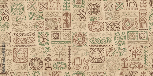 Ethnic handmade ornament  Folk Vintage Symbols. Grunge Seamless Pattern for your design