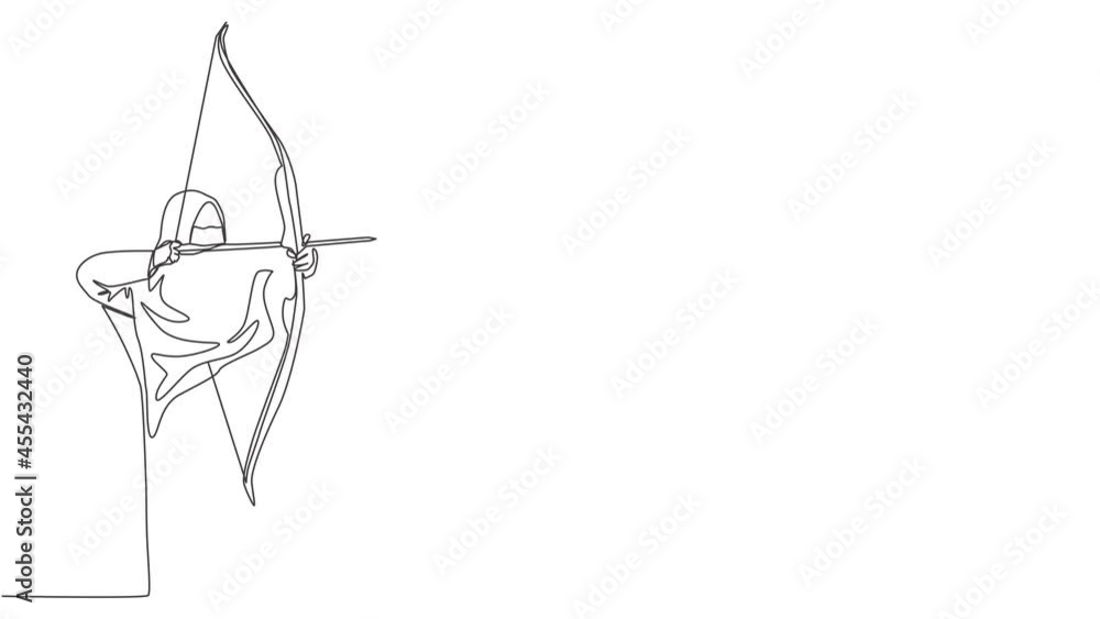 Self drawing animation of single line draw young saudi arabian muslimah wearing burqa aiming archery arrow. Traditional Arabian woman niqab cloth concept continuous line draw. Full length animated. Self drawing animation of single line draw young saudi arabian muslimah wearing burqa aiming archery arrow. Traditional Arabian woman niqab cloth concept continuous line draw. Full length animated.