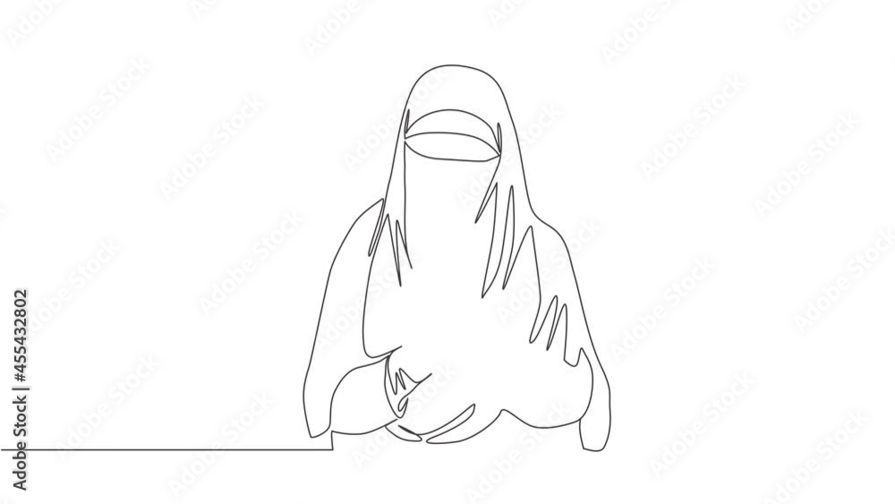 One Single Line Drawing Of Young Attractive Asian Muslimah Wearing Burqa And Holding Rose Flower