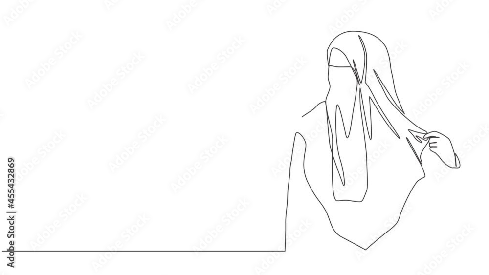 Self drawing animation of single line draw young Asian muslimah wearing burqa while holding her veil. Traditional beauty Arabian woman niqab cloth concept continuous line draw. Full length animated. Self drawing animation of single line draw young Asian muslimah wearing burqa while holding her veil. Traditional beauty Arabian woman niqab cloth concept continuous line draw. Full length animated.