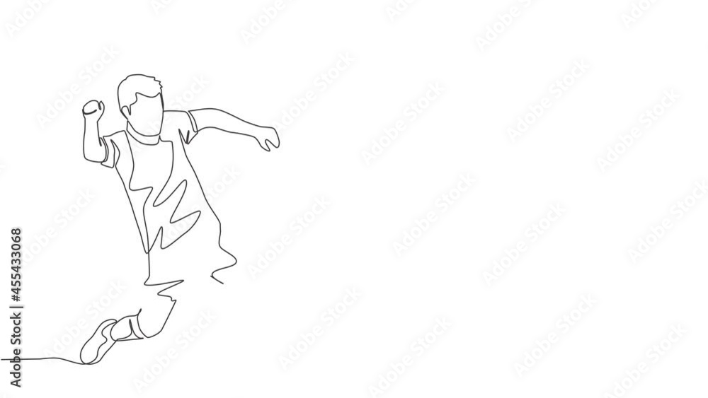 Animation of one single line drawing of young football player with short sleeve shirt training to control the ball. Soccer match sports concept. Continuous line self draw animated. Full length motion. Animation of one single line drawing of young football player with short sleeve shirt training to control the ball. Soccer match sports concept. Continuous line self draw animated. Full length motion.