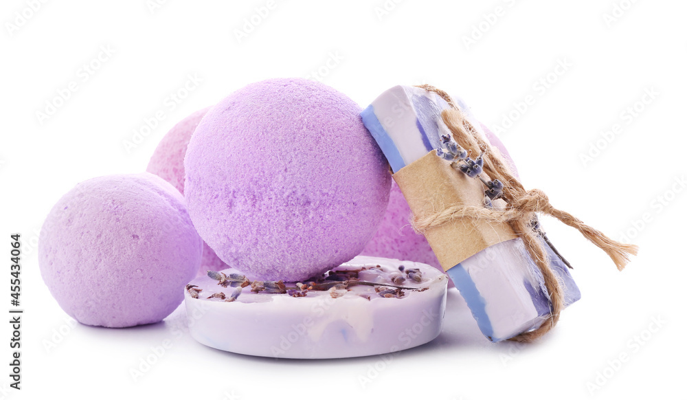 Lavender bath bombs and soap on white background Lavender bath bombs and soap on white background
