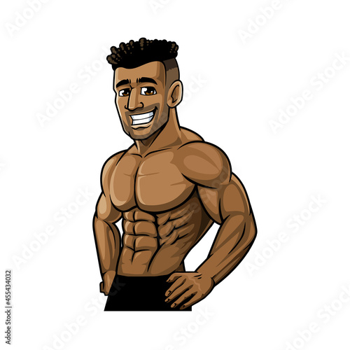fitness smiling man muscular body, logo, cartoon, mascot, character