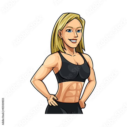 fitness smiling girl muscular body, logo, cartoon, mascot, character