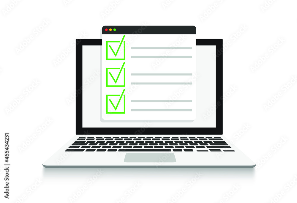 Checklist and Tick on Laptop Screen Icon. Check Mark Browser Window and Choice, Survey Concepts Vector Design on White Background. Checklist and Tick on Laptop Screen Icon. Check Mark Browser Window and Choice, Survey Concepts Vector Design on White Background.