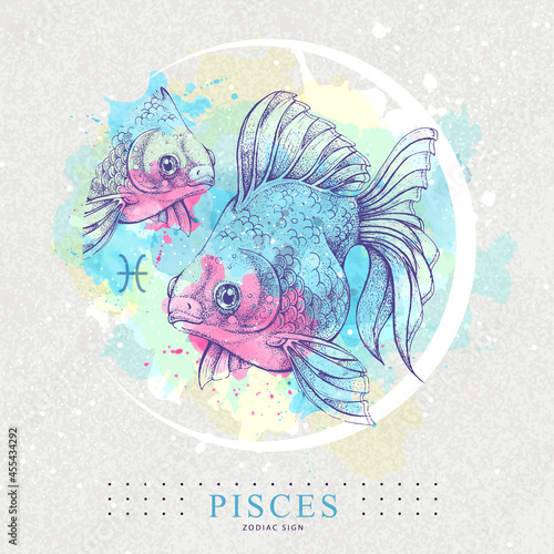 Modern magic witchcraft card with astrology Pisces zodiac sign. Healistic hand drawing Koi fish illustration
