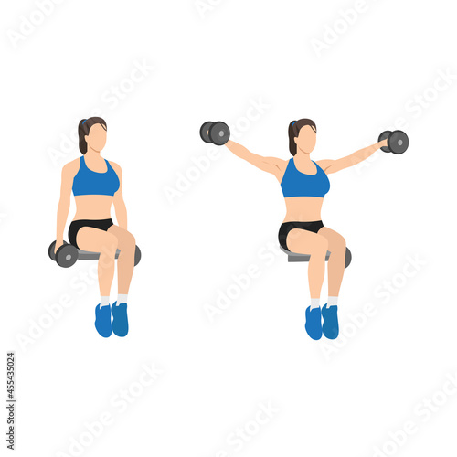 Woman doing Seated lateral. Side shoulder dumbbell raises exercise. Flat vector illustration isolated on white background