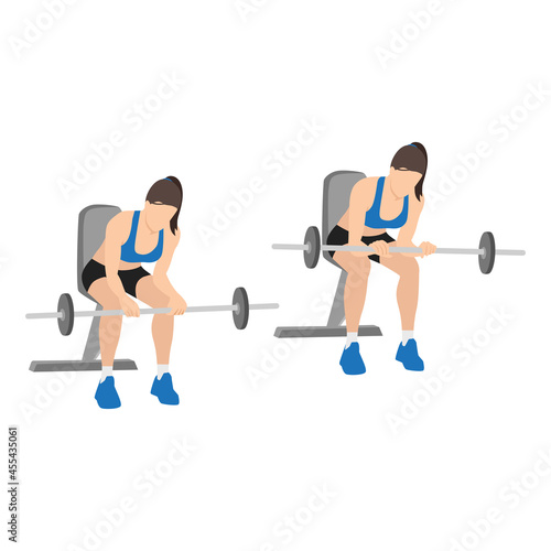 Woman doing Seated Palm down wrist curls exercise. Flat vector illustration isolated on white background