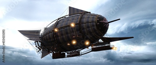 A huge steampunk airship with lights on against the backdrop of an evening stormy sky. Beautiful fantasy 3D illustration. Beautiful fantastic wallpaper photo