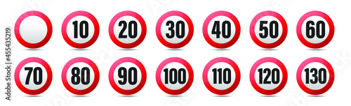 Speed limit road sign icon set. Vector on isolated transparent background. EPS 10.
