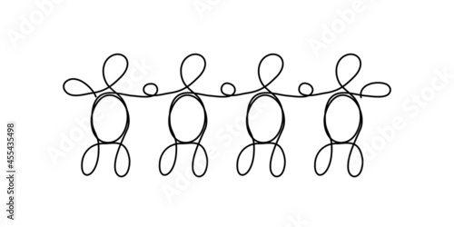 Chain of people in line art style. Black outline on white. Teamwork, friendship concept